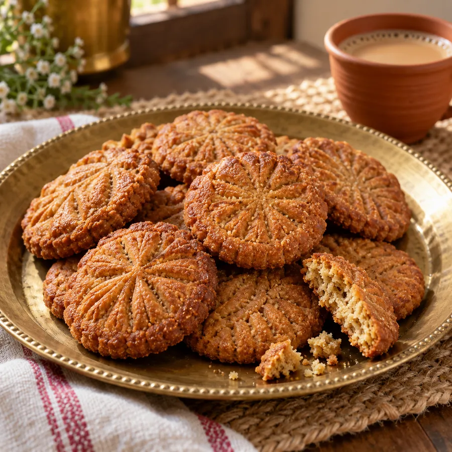 Golden patterned thekua arranged on a brass plate beside chai