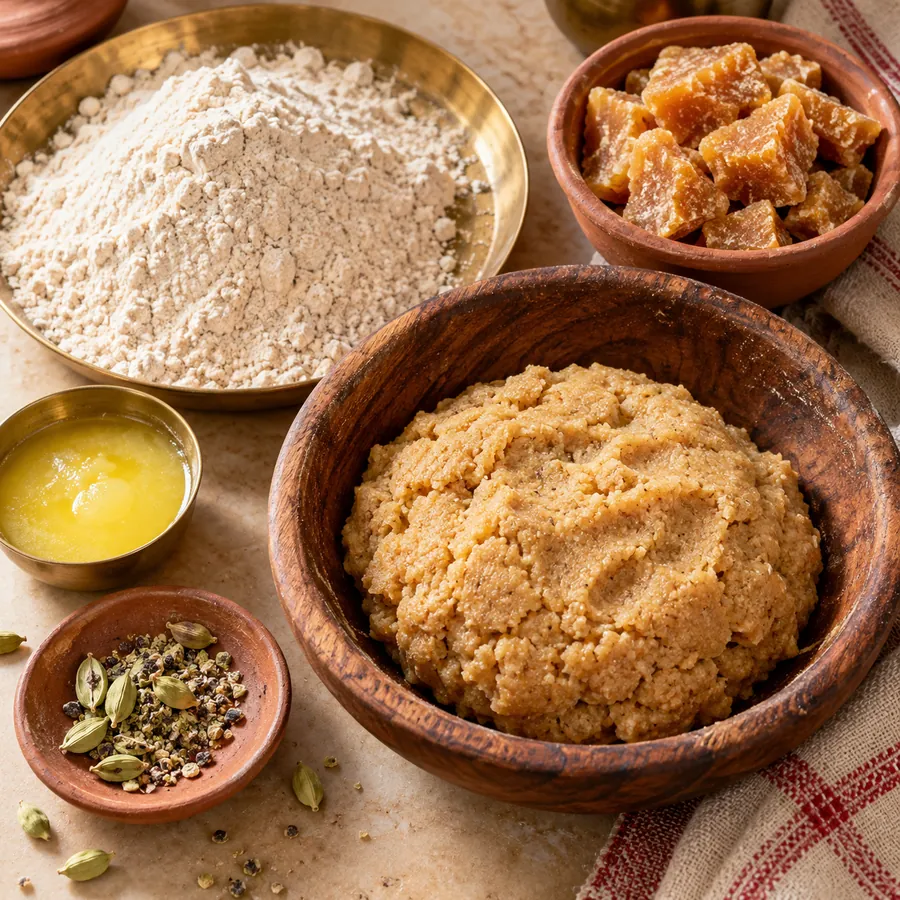 Wheat flour, jaggery, ghee, cardamom, and freshly mixed thekua dough