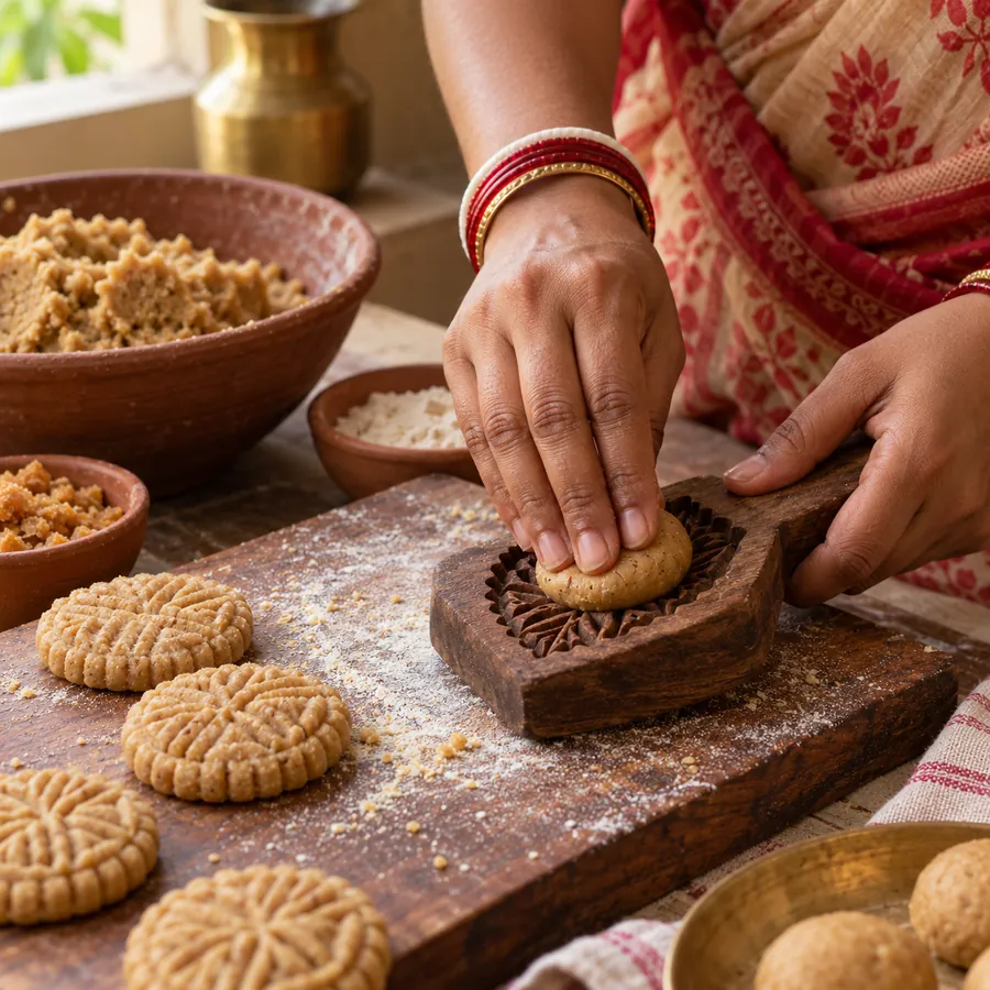 Hands pressing thekua dough into a traditional carved wooden mould